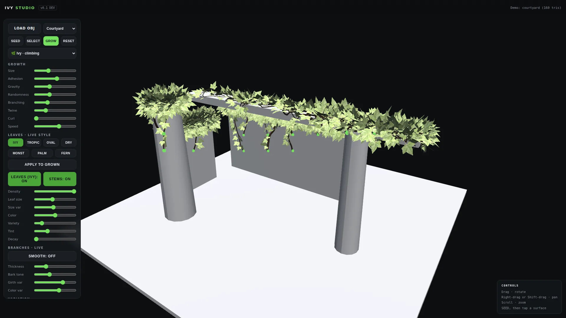 Ivy Grower Studio interface growing ivy on a 3D courtyard in the browser