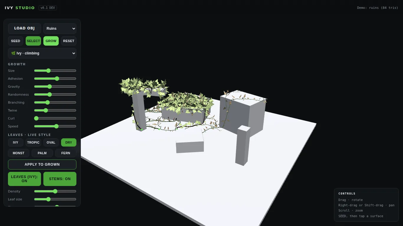 Selecting and restyling one plant in Ivy Grower Studio while others stay untouched